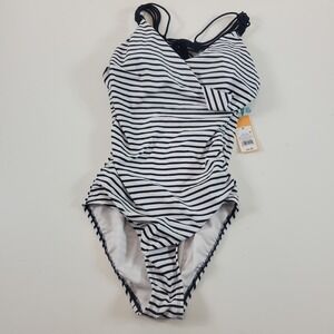 Kona Sol One Piece Swimsuit High Coverage Navy White Strappy Nautical Medium